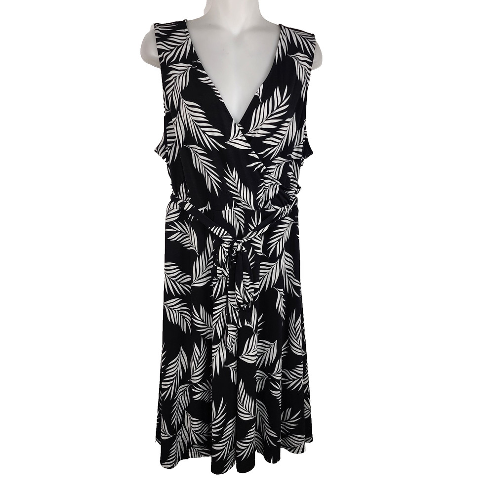 41 Hawthorn Womens Wrap Dress XL Black Palm Leaf Belted Knee Length Sleeveless